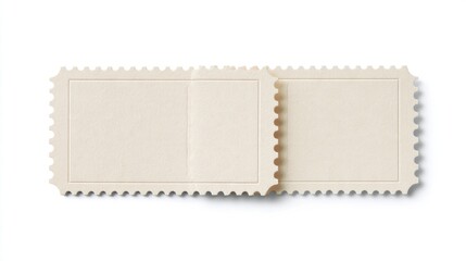 Fototapeta premium Pair of Blank Cream Postage Stamps Mockup with Perforated Edges Isolated on White Background