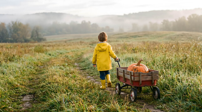 Back view of a child in a yellow raincoat pulling a red wagon with a pumpkin in a field.