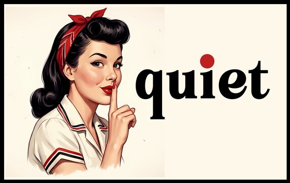 Pinup style illustration young woman lady facing the right and finger to lips quiet shush hush silence close portrait white background education peace 