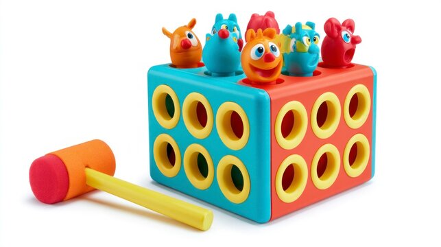 Colorful Whack-a-Mole Children's Toy with Animal Figures and Foam Hammer on White Background