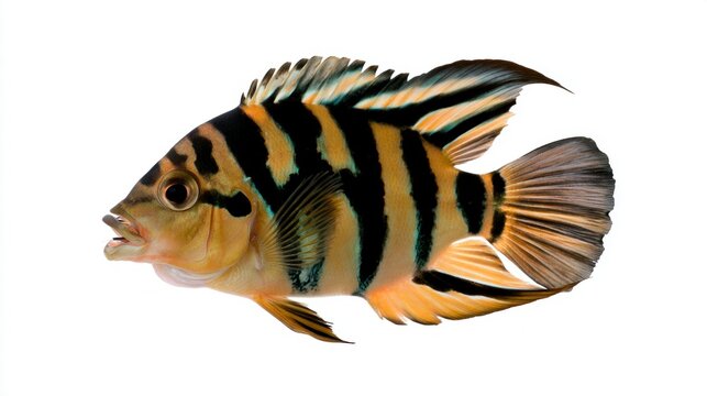 Vibrant orange and black striped cichlid fish isolated on a white background