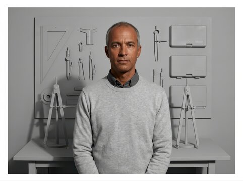 Architect in gray sweater at minimalist drafting studio workspace