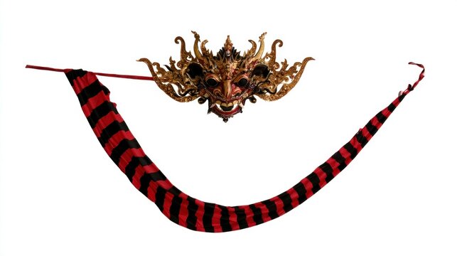Traditional Balinese Barong Mask with Red and Black Striped Fabric Ornament Isolated on White Background