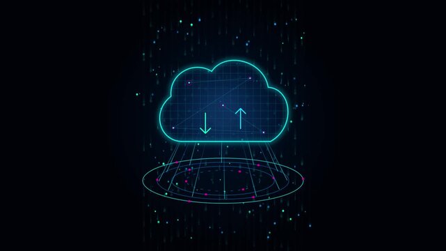 Glowing digital cloud icon with arrows for data upload and download on a dark background with binary code lines