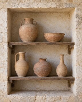 Ancient pottery displayed on wooden shelves against a textured stone wall, featuring various shapes and sizes of ceramic vessels in an archaeological setting