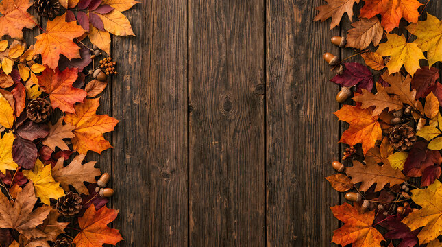 A beautiful autumnal scene featuring vibrant fall foliage and a rustic wooden background perfect for thanksgiving celebrations and seasonal greetings