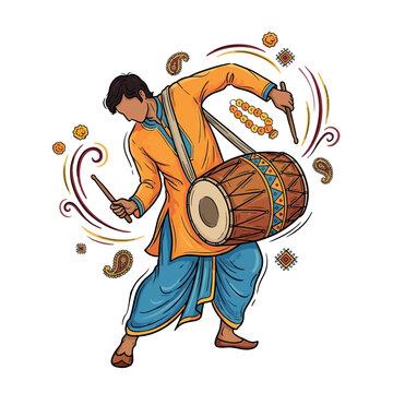 Indian Man Playing Dhak Drum Durga Puja Celebration