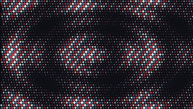 Red, blue, and white square halftone pattern on a black background, geometric for digital wallpaper and abstract texture