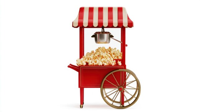 Vintage red popcorn machine cart with fresh popcorn, striped awning, and golden wheels, isolated on white background
