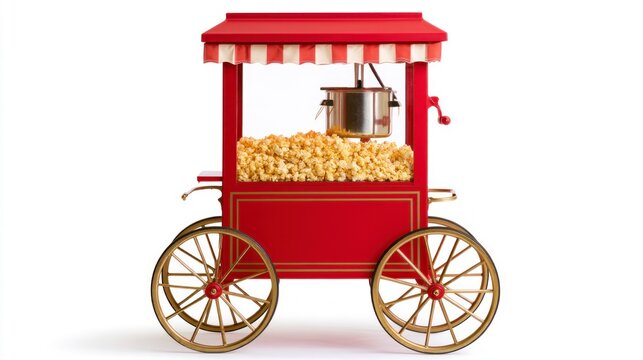 Vintage Red Popcorn Cart with Golden Wheels Filled with Popcorn Isolated on White Background