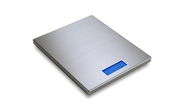 Modern digital stainless steel kitchen scale with blue LCD display isolated on white background