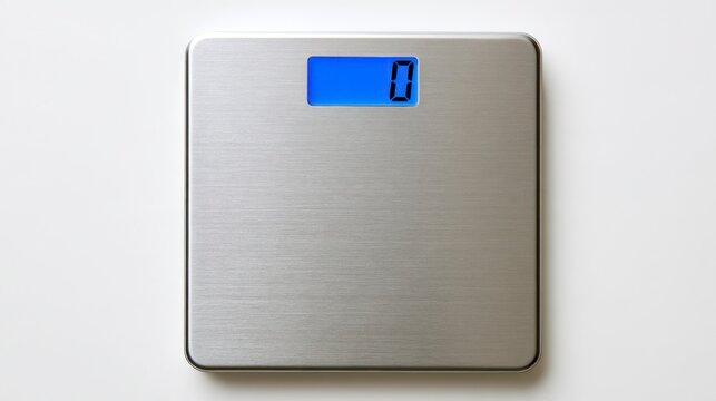 Top view of a modern stainless steel digital bathroom scale showing zero on a white background