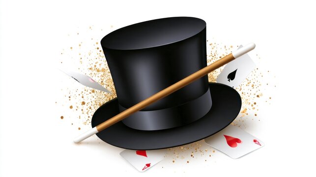 Magician's Black Top Hat with Magic Wand and Flying Playing Cards, Magic Show Concept with Gold Glitter