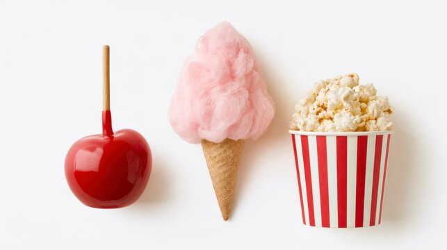 Assorted Carnival Food Including Candy Apple, Cotton Candy and Popcorn on a White Background