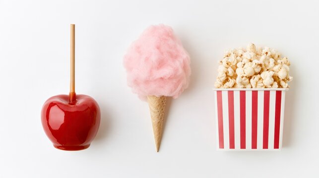 Collection of Classic Carnival Snacks: Candy Apple, Pink Cotton Candy, and Popcorn over White Background