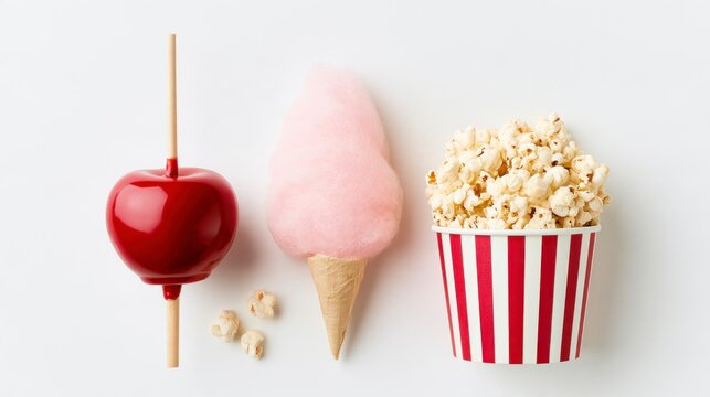 Carnival snacks assortment featuring a red candy apple, pink cotton candy, and a bucket of popcorn on a white background.