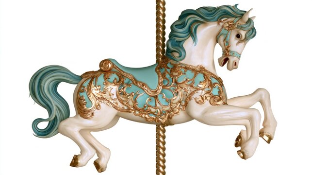 Ornate Vintage Carousel Horse with Gold Filigree and Teal Accents Isolated on White