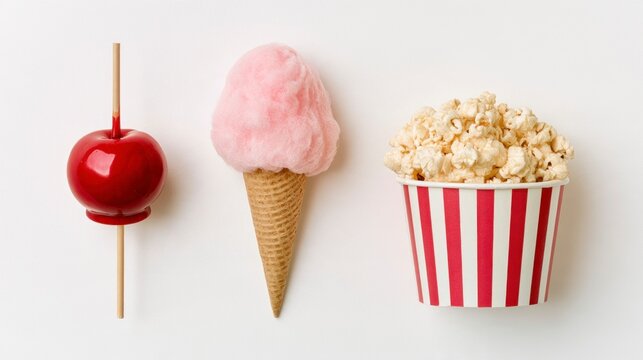 Assortment of carnival snacks including a candy apple, pink cotton candy in a waffle cone, and a bucket of popcorn on a white background.