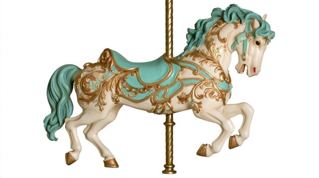 Vintage white and gold carousel horse with turquoise mane on white background