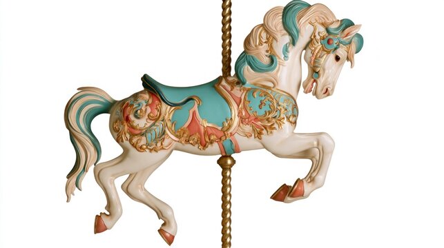 Vintage white carousel horse with ornate gold and teal decorations isolated on white background