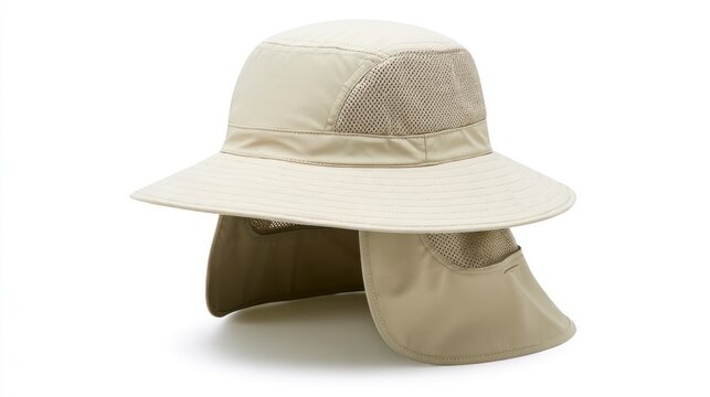Beige Sun Hat with Neck Flap and Wide Brim for Outdoor Sun Protection, Isolated on White Background