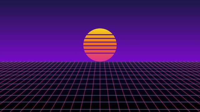 Retro synthwave grid landscape animation with glowing sun