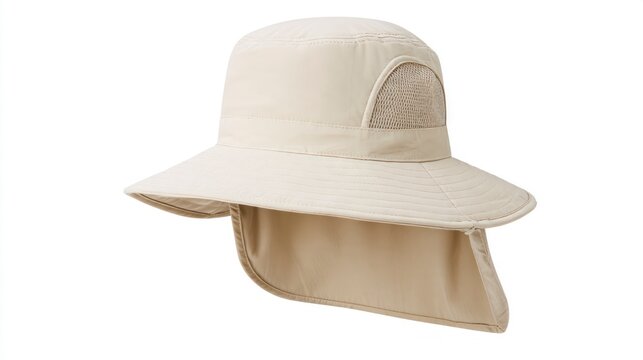 Beige Sun Hat with Neck Flap and Wide Brim Isolated on White Background