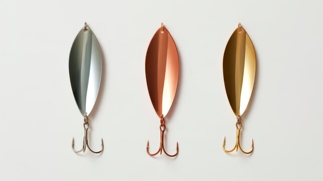 Three metallic fishing spoons in silver, copper, and gold finishes with treble hooks, isolated on a white background