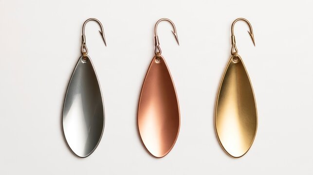 Three metallic fishing spoon lures in silver, copper, and gold colors isolated on a white background