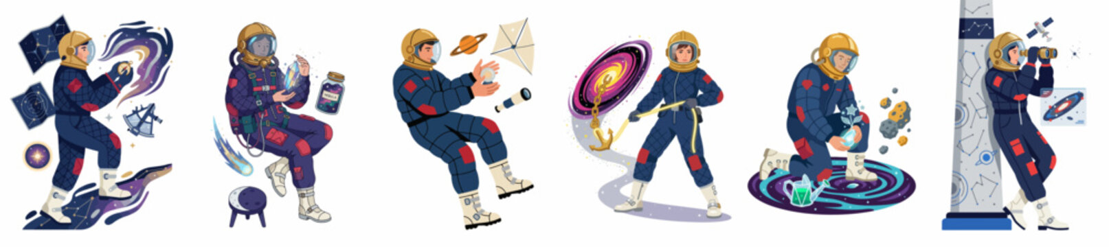 Set of surreal astronaut illustrations exploring space, interacting with galaxies, planets, and cosmic elements in a creative and artistic style.