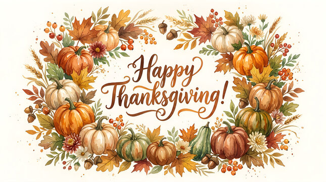 A beautiful watercolor wreath of autumn leaves and pumpkins wishes everyone a very happy thanksgiving celebration with loved ones