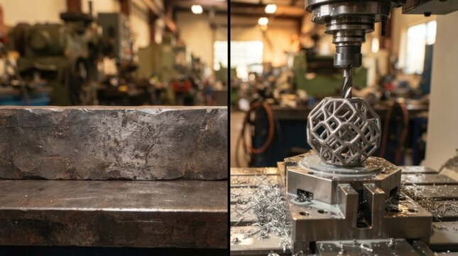Split view of forged steel and 3d printed lattice part entering a five axis cnc fixture with carbide tool and coolant
