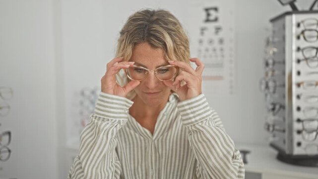 Woman optician adjusts eyeglasses on her face and inspects lenses amid display and eye chart in an optical studio; focused confidence.