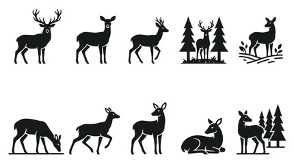 Fototapeta premium A collection of deer silhouettes in various poses highlights the grace and beauty of these animals in their natural habitat among trees and foliage.