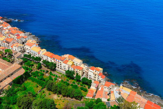 aerial top view waterfront district of resort city with small cottage houses for rental service in summer vacation