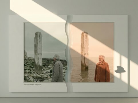 Photo diptych of seaside aging and memory on a wall