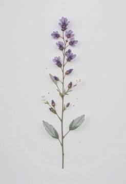 A single stem of beautiful delicate lavender flowers is isolated on a soft neutral gray backdrop