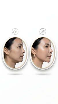 asian woman face profile before and after facial skin lifting treatment