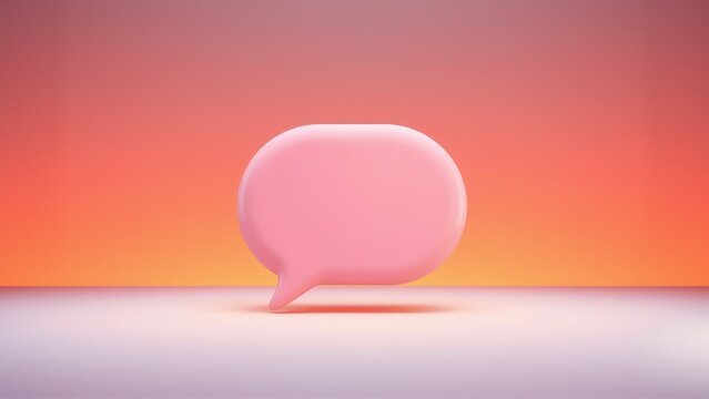Pink speech bubble sits upon surface. Gradient background transitions from orange to purple. Minimalist studio lighting creates soft shadows.