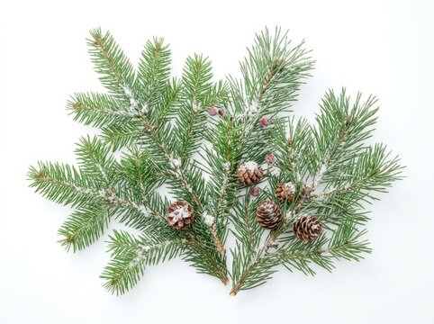 Fresh green pine tree branches with small brown pine cones on white surface