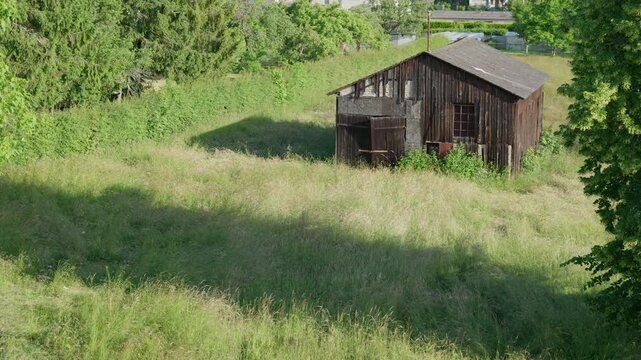 An old wooden shed and tall grass rural landscape