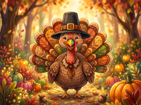 A charming and delightful thanksgiving turkey adorned with festive attire stands amidst a vibrant autumnal forest setting radiating warmth and gratitude