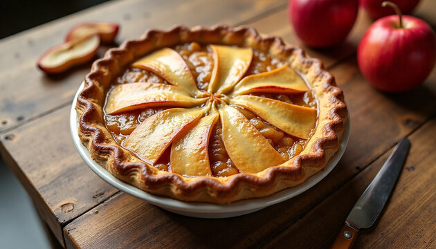 Homemade baked apple pie with caramelized filling and fluted crust on rustic wooden table with fresh red apples