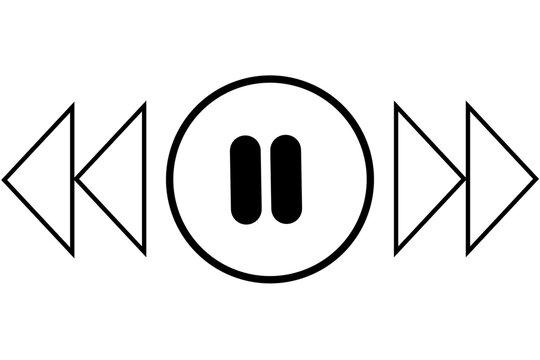 Media player control buttons line icon set with pause, fast forward, and rewind symbols isolated on white background.
