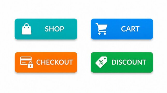Flat shopping app icons set with shop, cart, checkout and discount buttons