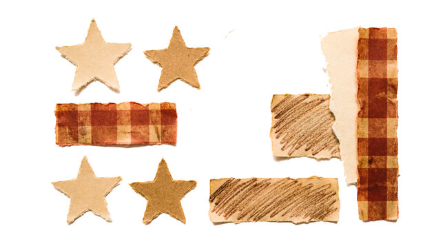 Vintage cardboard scrap collection, rustic paper stars and plaid fabric strips, handmade junk journal ephemera set on white background