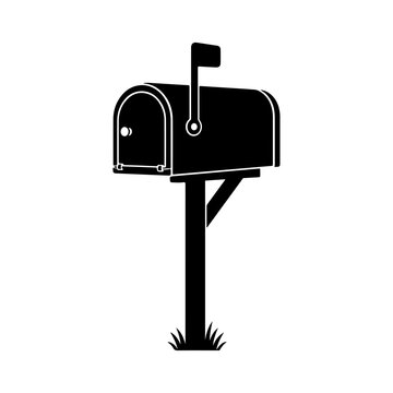 Black Solid Glyph Vector Icon Featuring Traditional Post-Mounted Rural Mailbox with Raised Signal Flag Latch Door and Grass Base Detail
