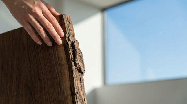 Hand touching rough wood beside bright window, creating tactile natural texture scene with calm sensory feeling