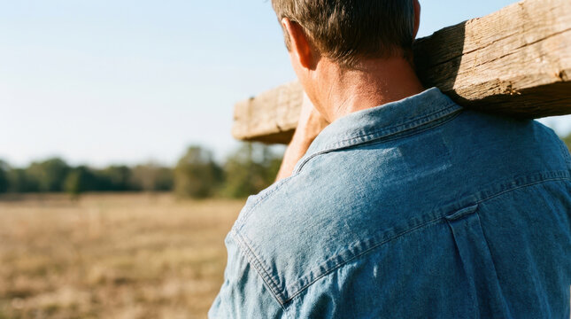 Worker back denim shirt carrying timber beam across dry field in warm sunlight, expressing strength and rural labor