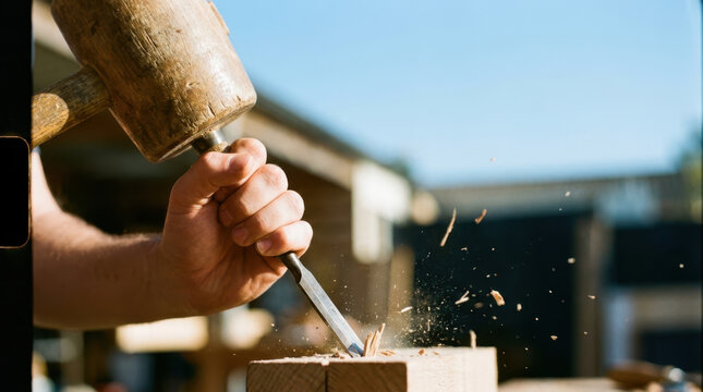 Heavy mallet striking wood chisel during outdoor woodworking, with flying wood chips and focused handcraft activity